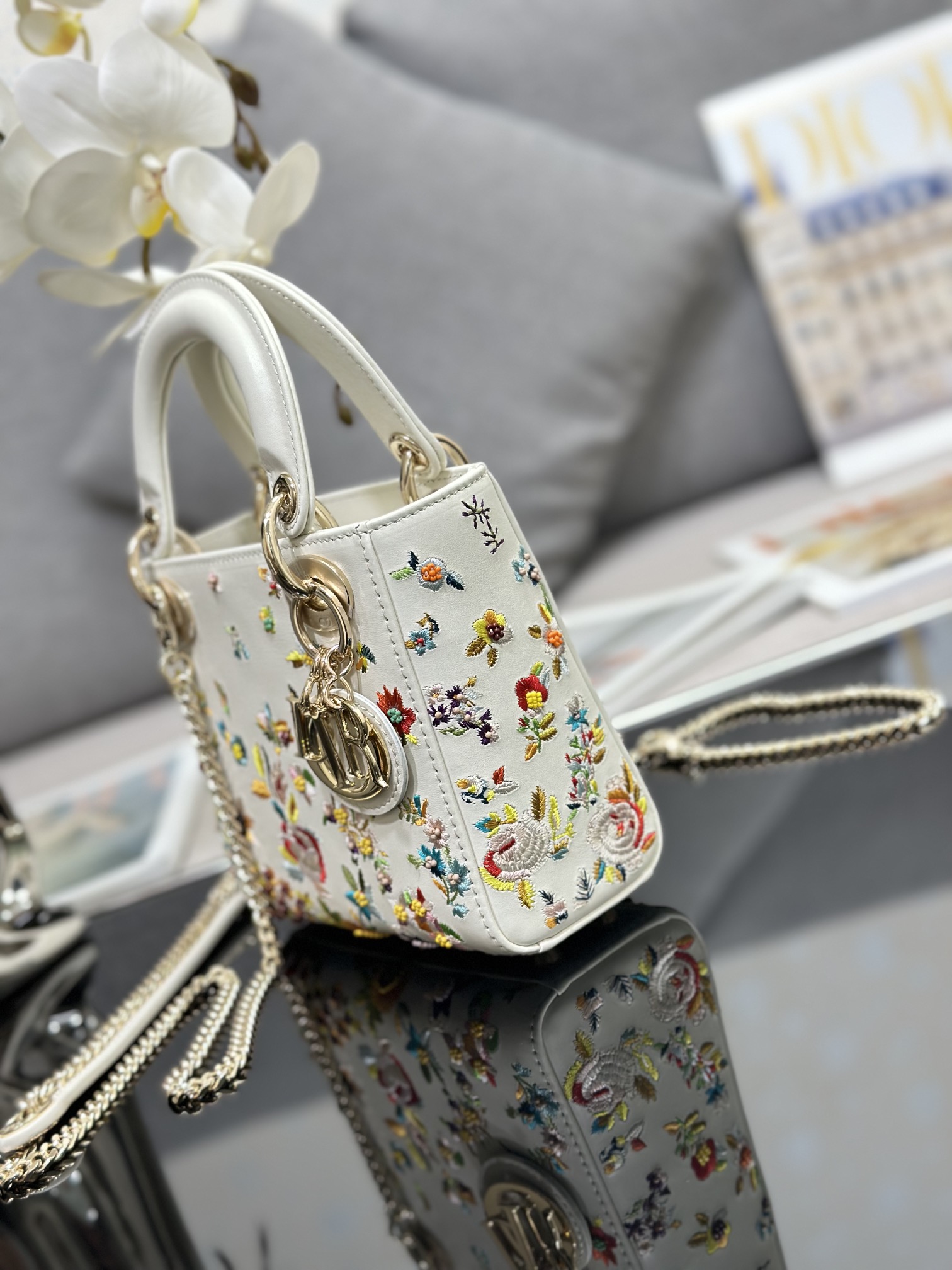 Mini Lady Dior Bag White Calfskin Embroidered with Flowers Beads